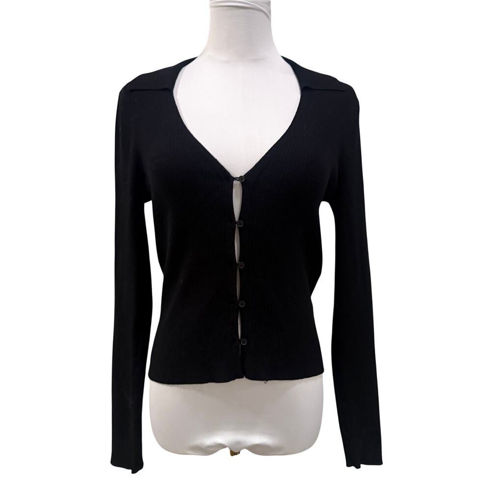 H&M Black Rib Knit Button Front Cardigan Top Collared Long Sleeve V Neck Medium